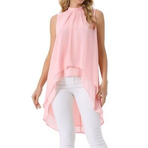 Casual Tie Back Asymmetrical Sleeveless Mock Neck Flowy Blouse Tops Pink
